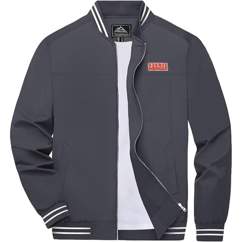 Men's Stevie-Wonder Zip-Up Bomber Jacket  Ribbed Collar and Cuffs Outerwear